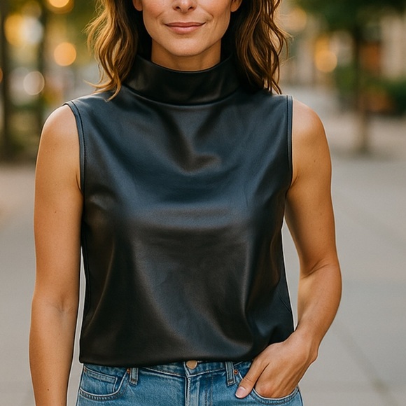 ZELIE FOR SHE For Norstram Black Faux Leather Sleeveless Crop Tank Top Sz 1X NWT - Picture 1 of 7